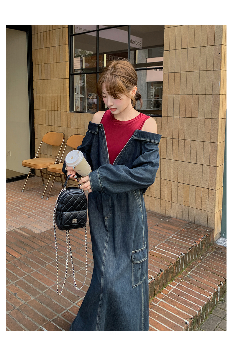 デニムセットアップ 肩開きジャケット×ロングスカート
