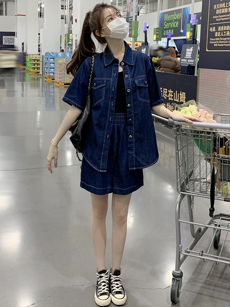デニムセットアップ ゆったり半袖デニムセットアップ