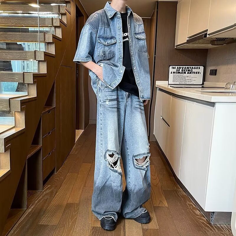 デニムセットアップ ダメージ加工半袖シャツ×ワイドパンツ メンズ向け ユーズド風ストリートカジュアル2点セット