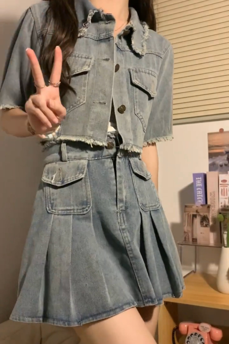 デニムセットアップ 裾フリンジ ショート丈セットアップ