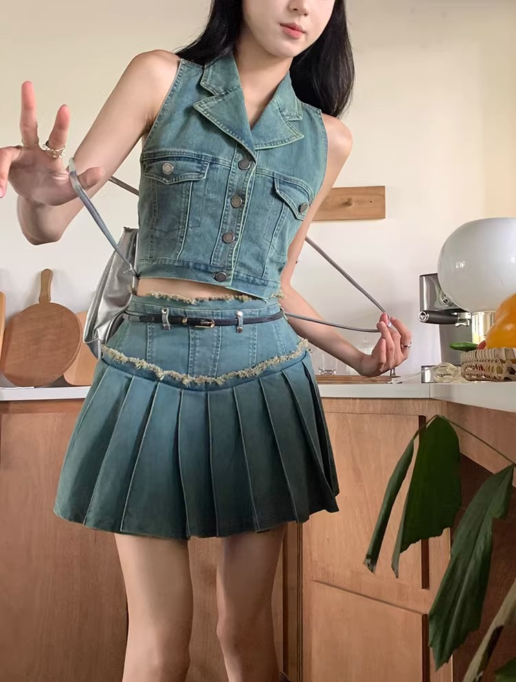 デニムセットアップ ノースリーブプリーツスカートセット