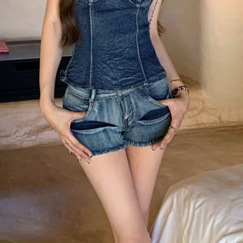 デニムセットアップ 胸元美人 デニムビスチェ ショートパンツセット