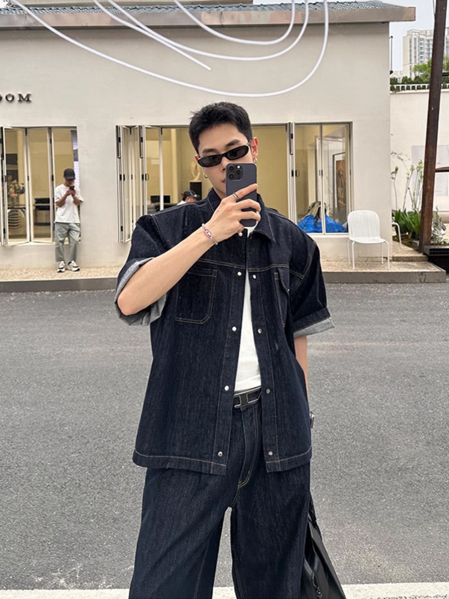 デニムセットアップ 半袖ゆったりデニムセットアップ