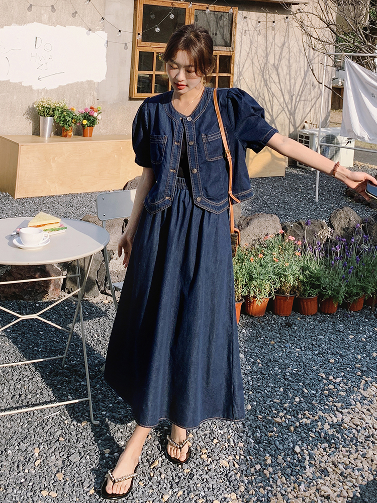 デニムセットアップ　パフスリーブ春夏デニムセットアップ