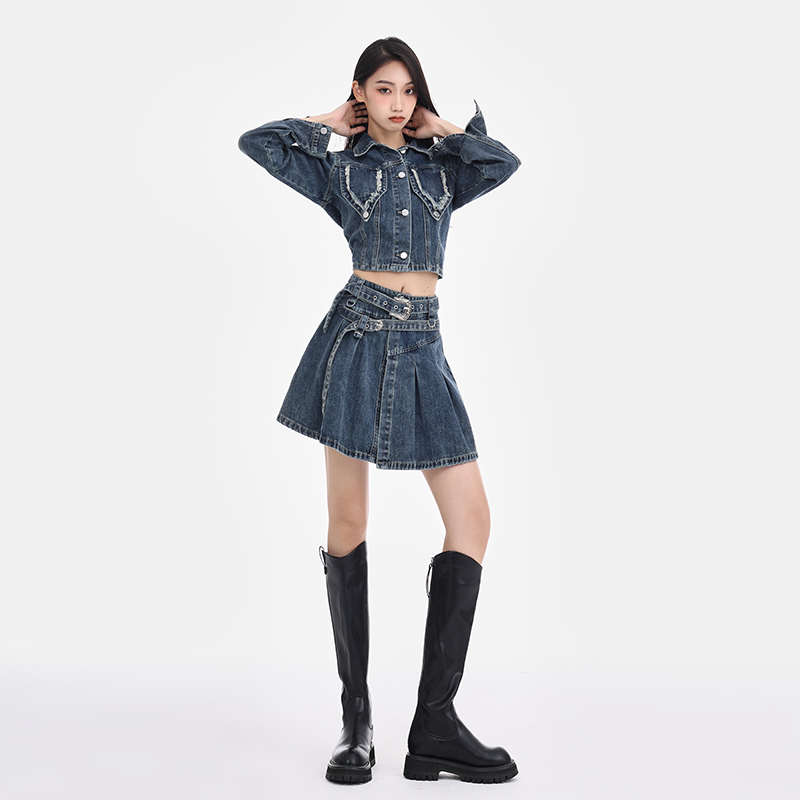 デニムセットアップ クロップド丈デニムジャケット＆プリーツスカート