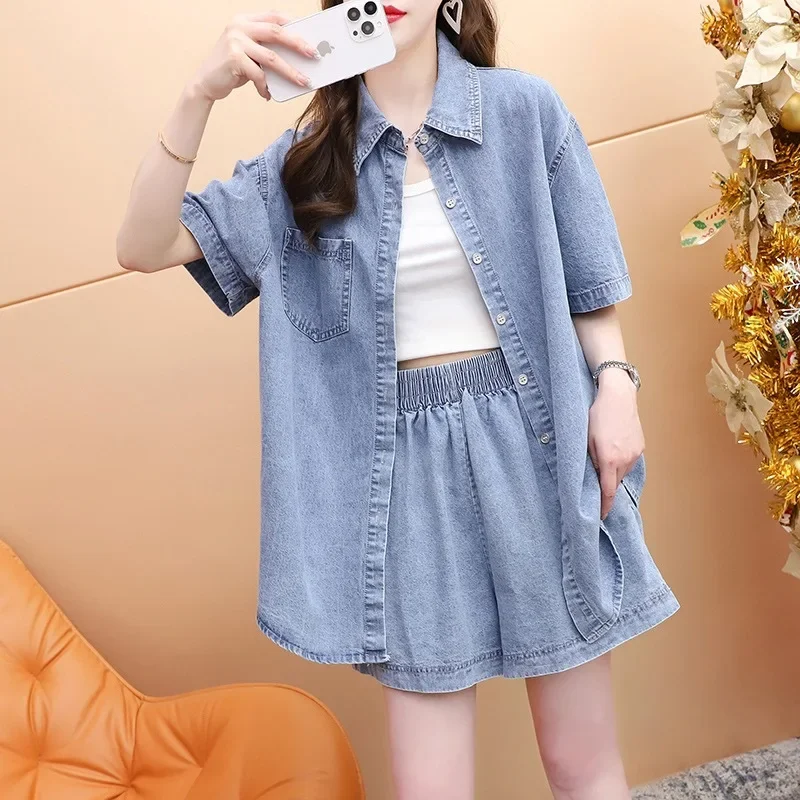 デニムセットアップ デニム半袖シャツとショートパンツのセットアップ