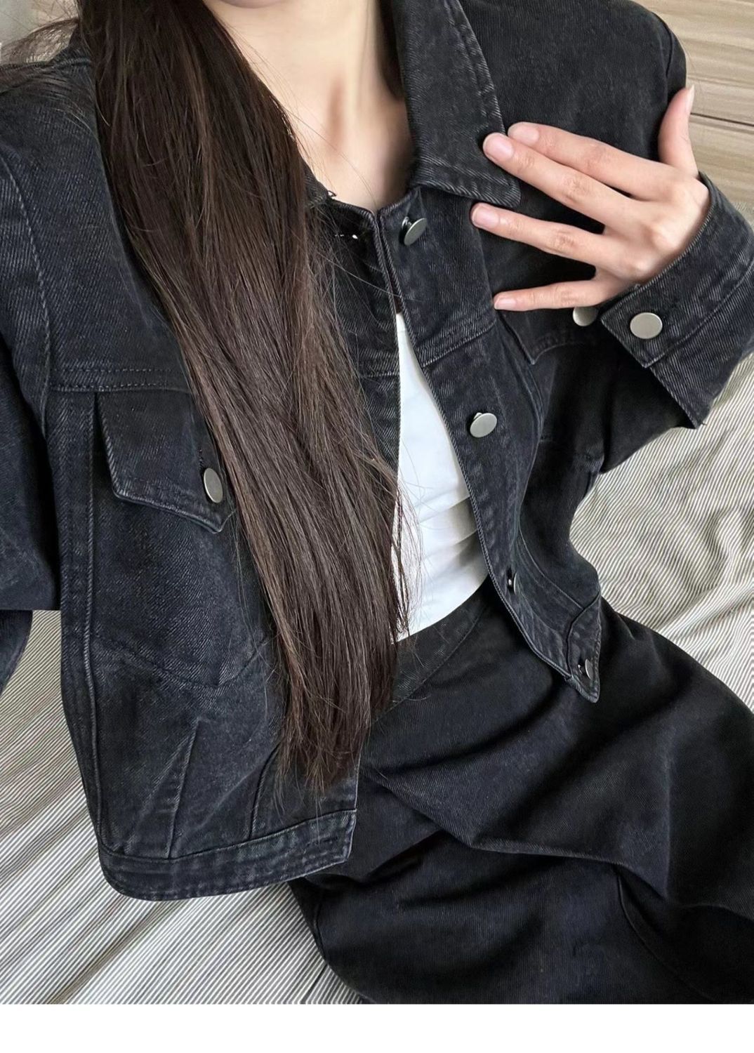 デニムセットアップ クロップド丈ジャケット×ロングスカート