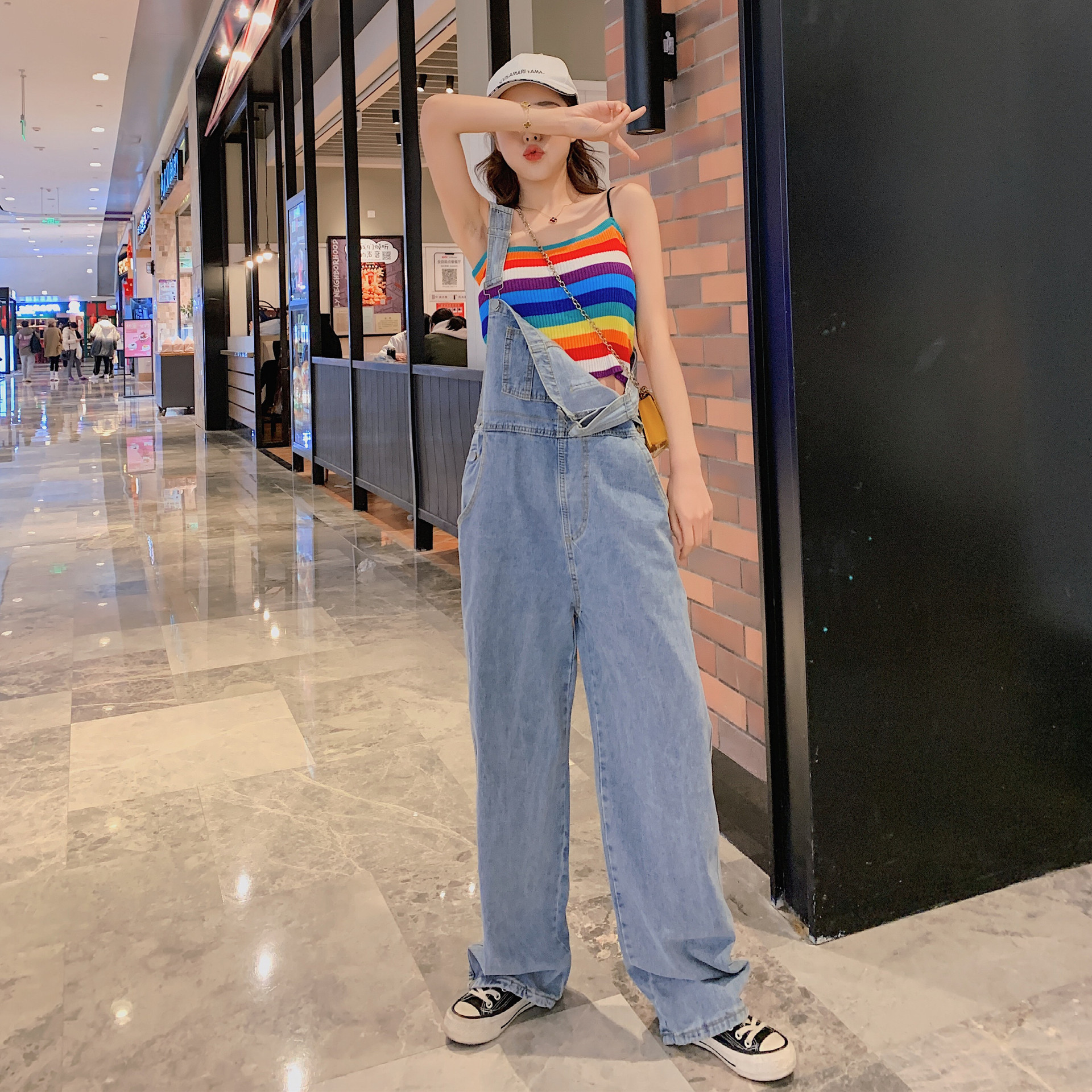 デニムセットアップ デニムサロペットワイドパンツビスチェセットアップ