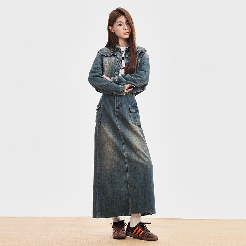 デニムセットアップ クロップド丈ジャケット×ロングスカート
