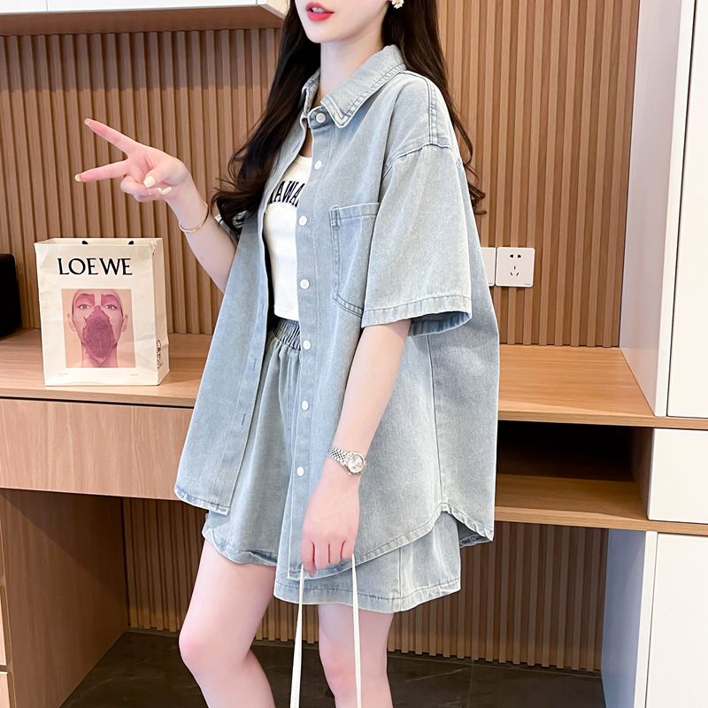 デニムセットアップ ゆったりデニムシャツとショートパンツセット