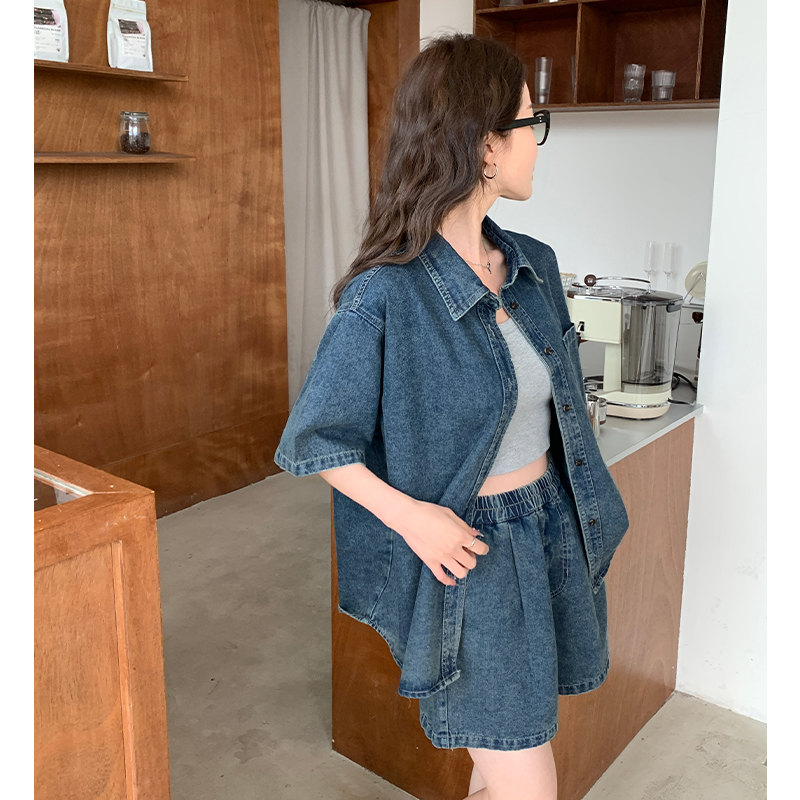 デニムセットアップ ゆったりシルエット 半袖デニムシャツセット