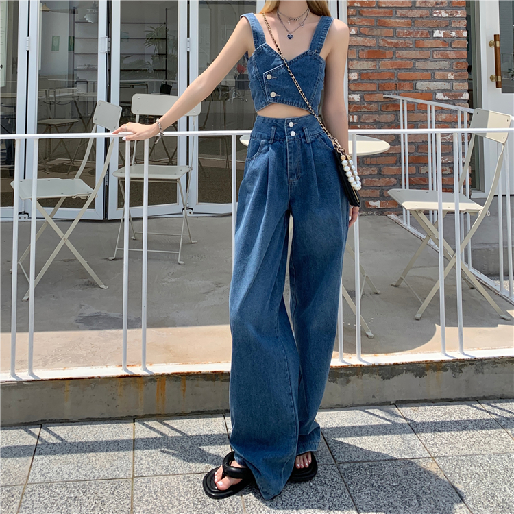 デニムセットアップ 洗練ビスチェワイドパンツセット