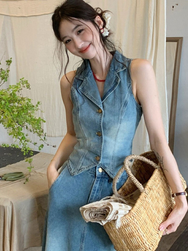 デニムセットアップ ノースリーブジャケット風スカートセット