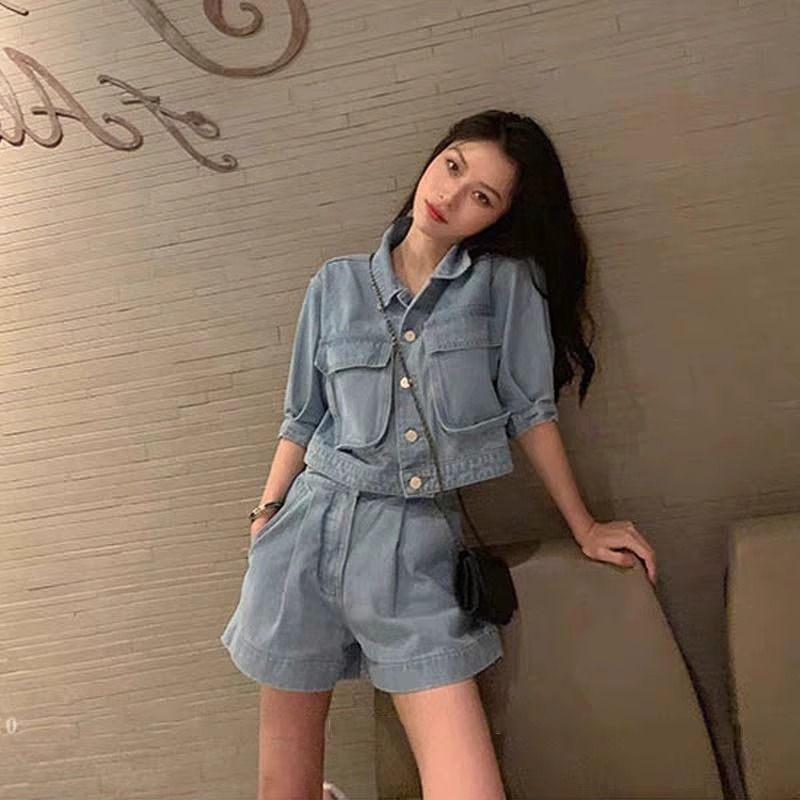 デニムセットアップ デニムジャケットとショートパンツの上下セット