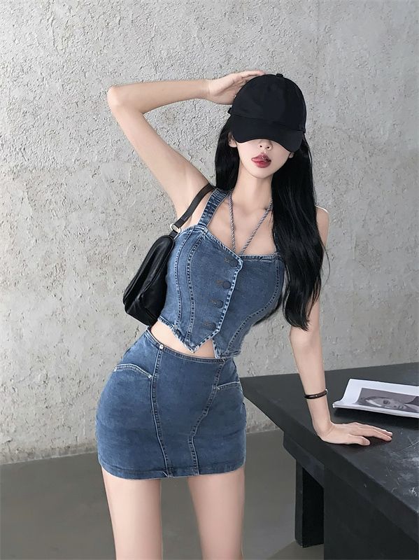 デニムセットアップ 美シルエット ビスチェミニセット