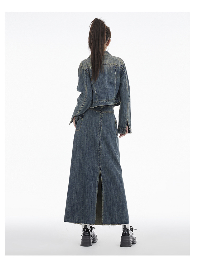デニムセットアップ クロップド丈ジャケット×ロングスカート