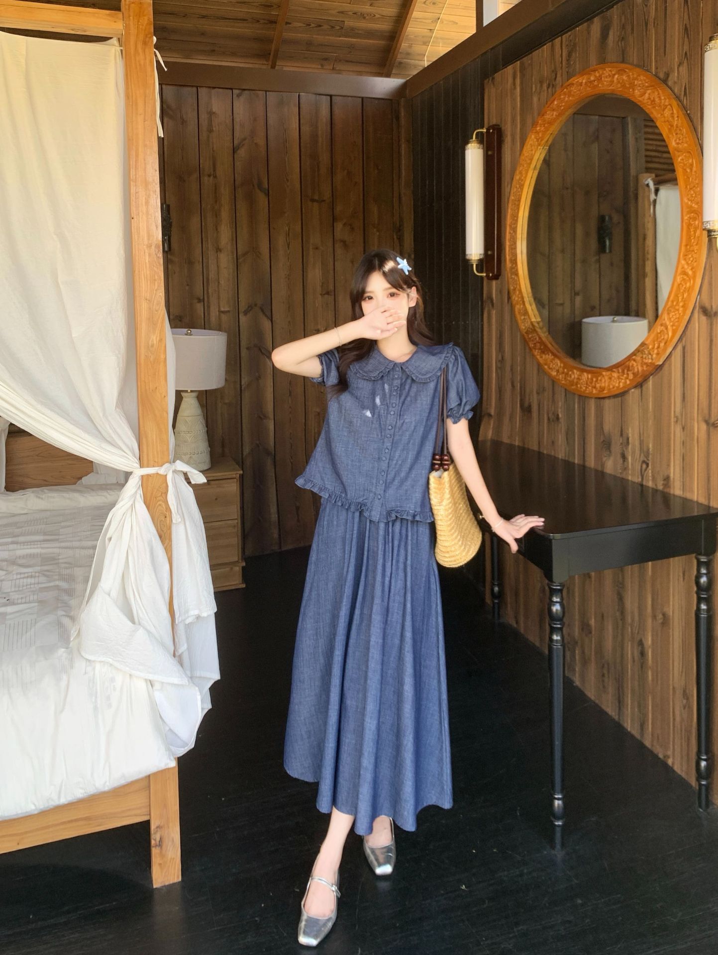 デニムセットアップ 優美な丸襟デニムロングワンピース