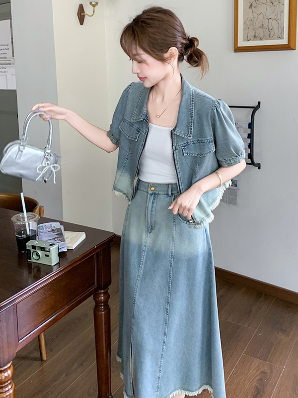 デニムセットアップ フリンジ裾パフスリーブセットアップ