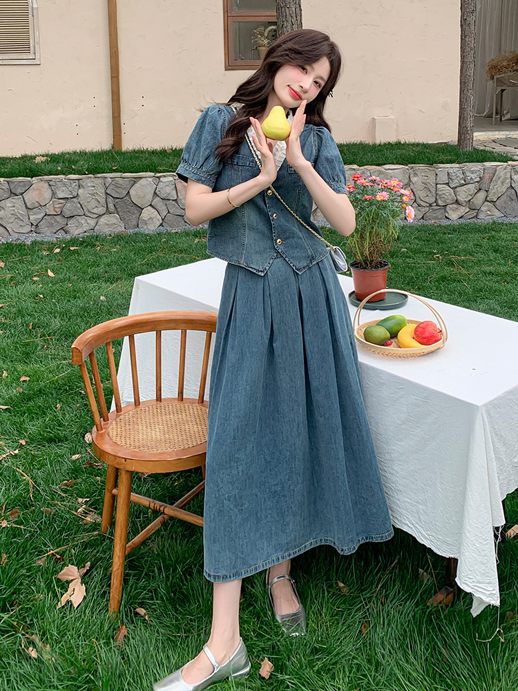 デニムセットアップ パフスリーブ優美スカートセット