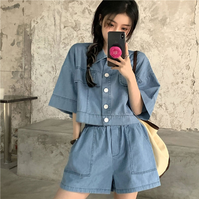 デニムセットアップ 半袖デニムシャツ ショートパンツセット