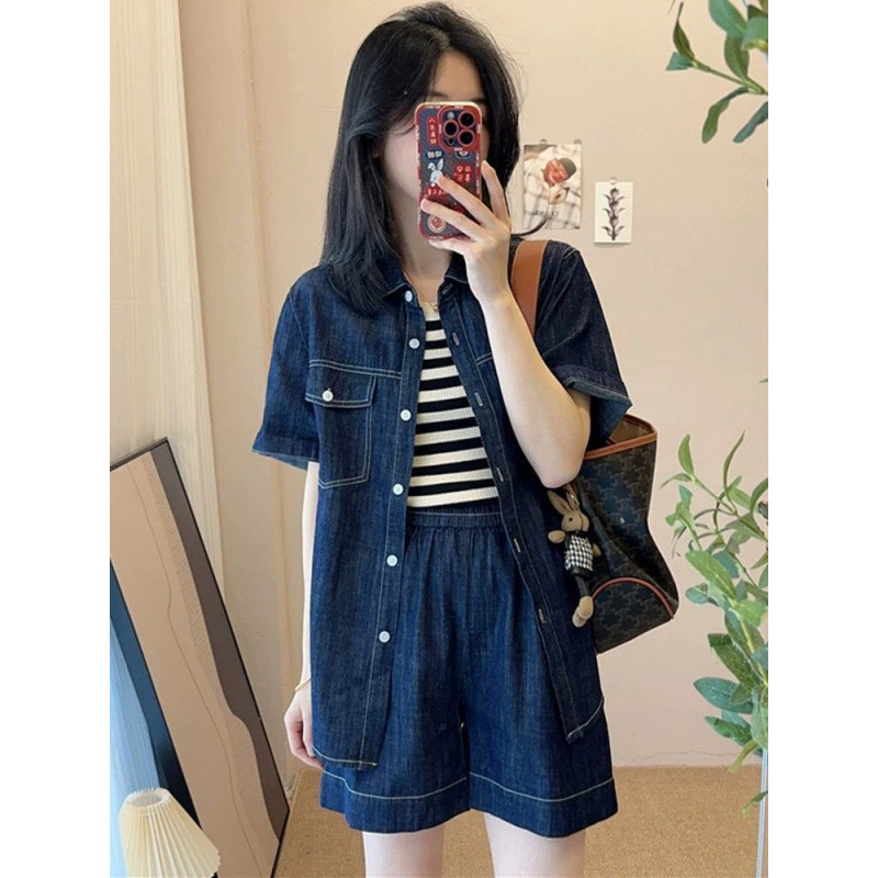 デニムセットアップ リラックス風合いシャツショートパンツ