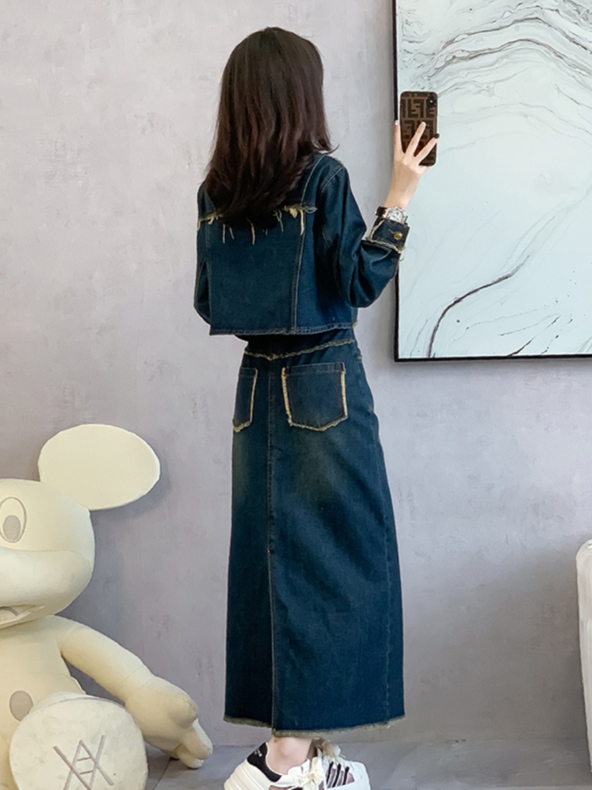 デニムセットアップ ほつれ風ロング丈デニムセット