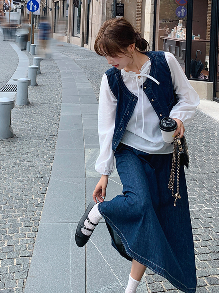 デニムセットアップ レトロ風ベスト付きロングスカート