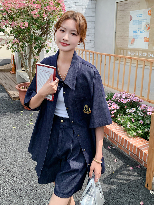 デニムセットアップ クラシック刺繍入り半袖セットアップ