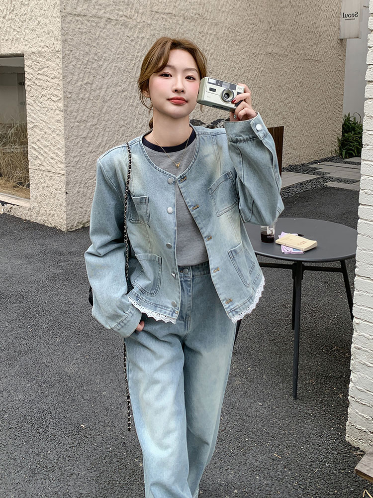 デニムセットアップ レース裾デニムジャケットセットアップ