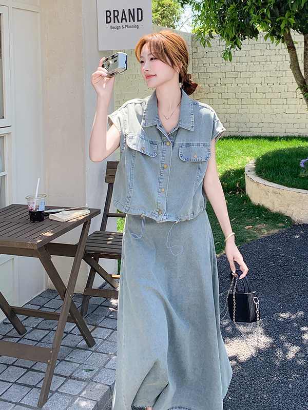 デニムセットアップ ノースリーブ風デニムロングセット