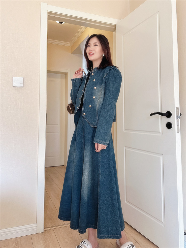 デニムセットアップ レトロ調パフスリーブセットアップ