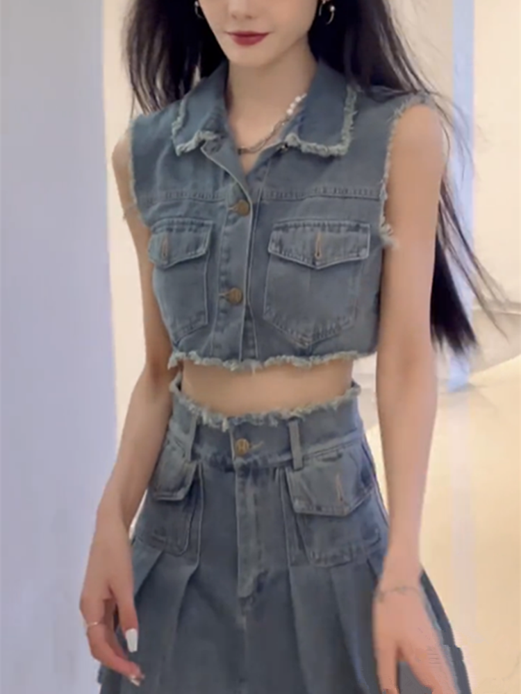 デニムセットアップ 裾フリンジ ベスト＆ミニスカート