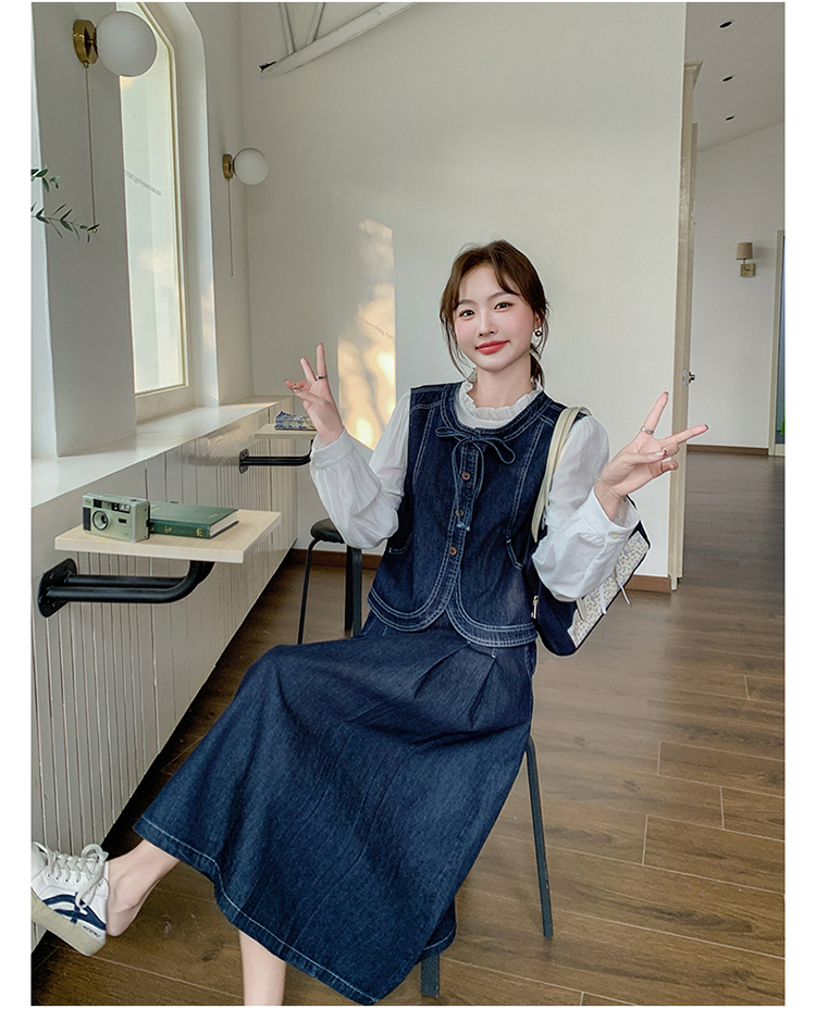 デニムセットアップ レトロ調ベスト付き膝丈スカート