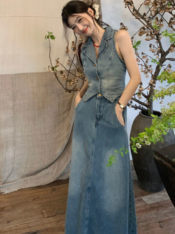 デニムセットアップ ノースリーブジャケット風スカートセット