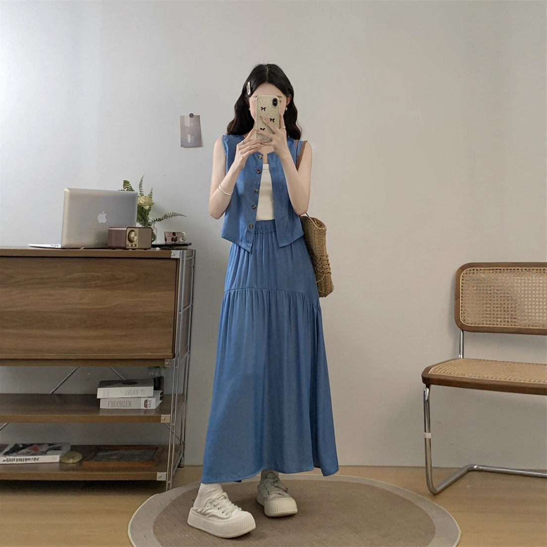 デニムセットアップ 優美ティアードベスト＆スカートセット