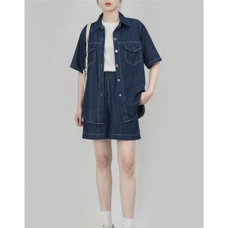 デニムセットアップ ゆったり半袖シャツ×ショートパンツセット