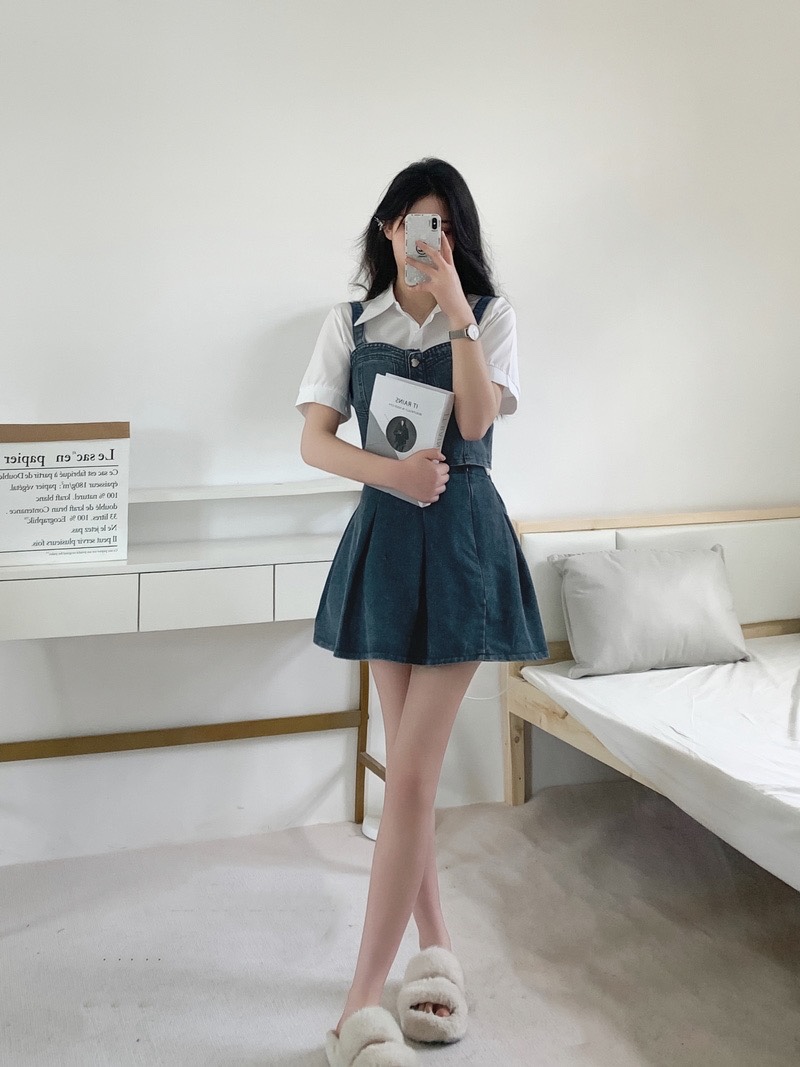 デニムセットアップ 胸元ポケット付きデニムワンピースセット