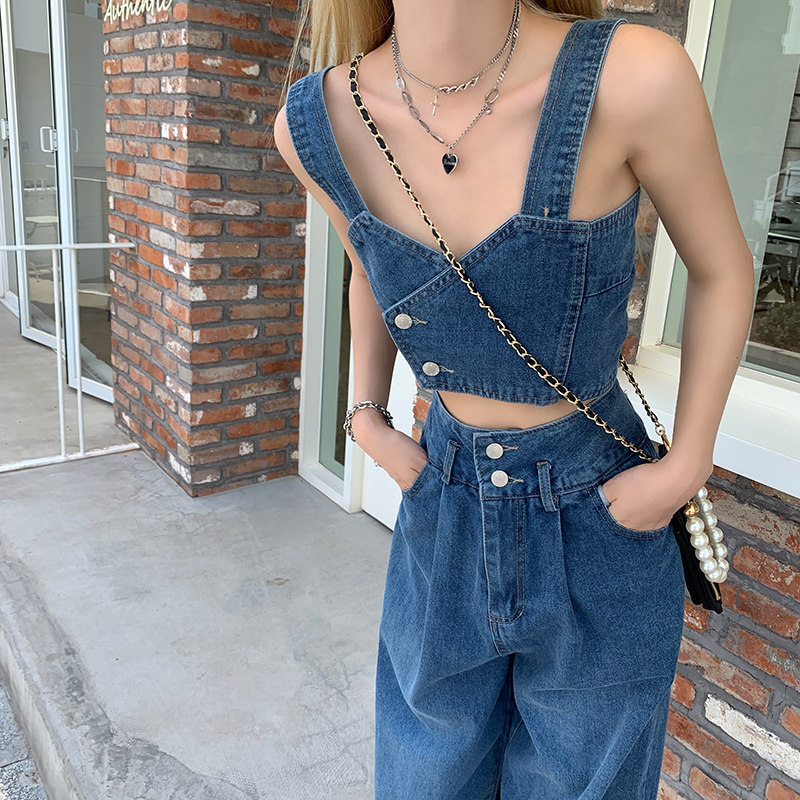 デニムセットアップ 洗練ビスチェワイドパンツセット