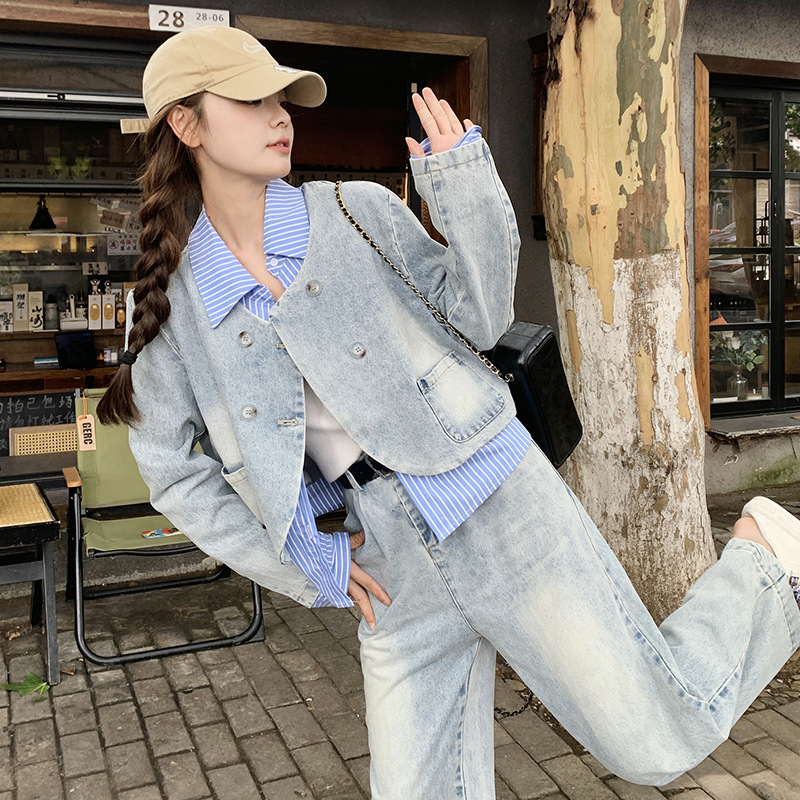 デニムセットアップ ダブルボタンデニムジャケットパンツセット