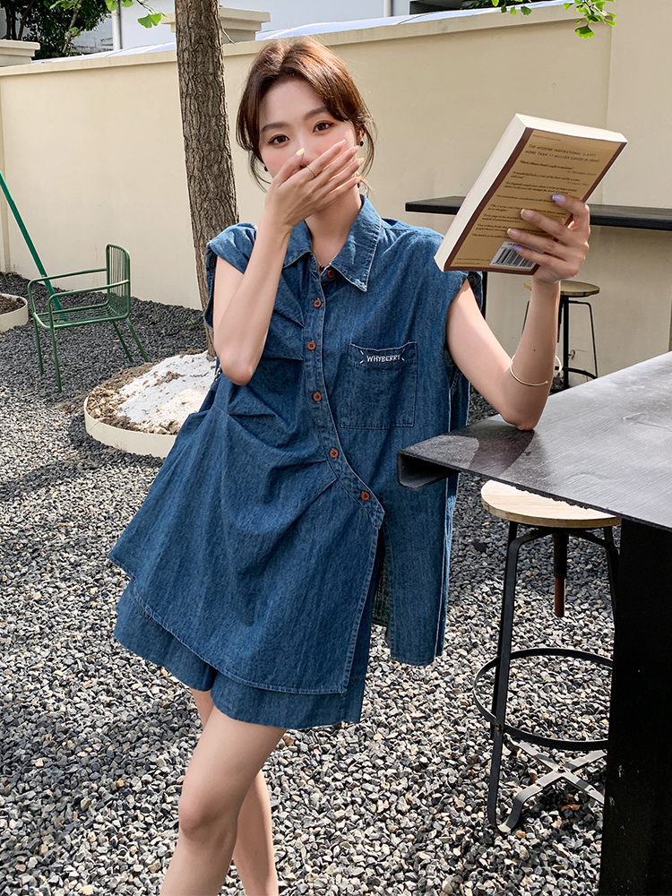 デニムセットアップ こなれノースリーブシャツセット