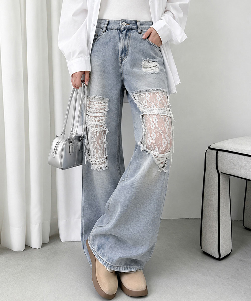 レディース ジーンズ レースダメージ加工ワイドデニムパンツ