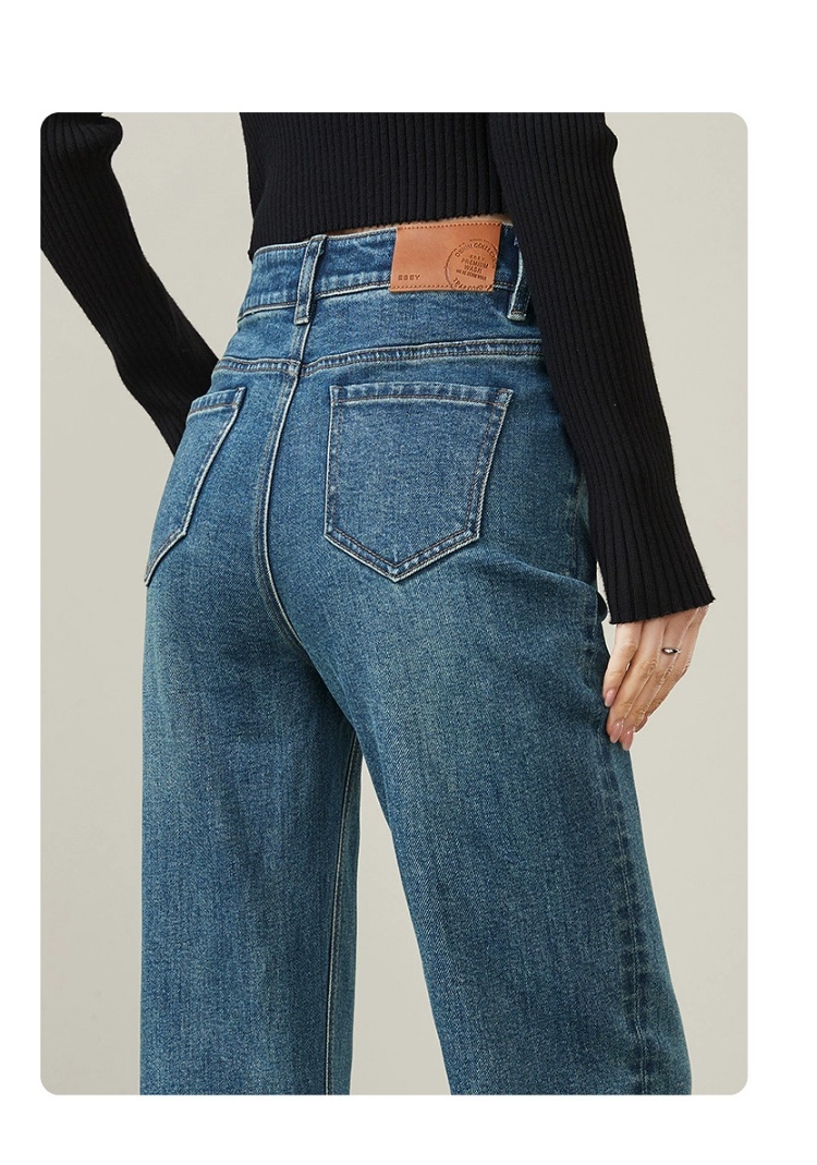 レディースジーンズパンツ 裾折り返しストレートデニムパンツ