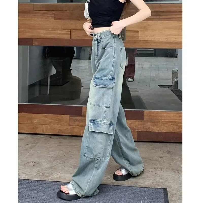 レディースジーンズパンツ マルチポケットワイドカーゴデニムパンツ