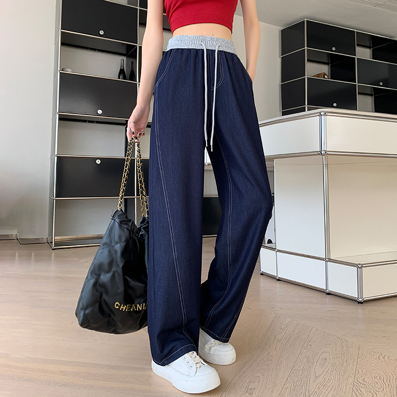 レディースジーンズパンツ ドロスト紐付きゆったりデニムパンツ
