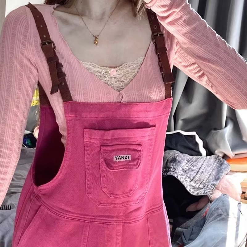 レディースジーンズパンツ シンプル ゆったりデニムサロペット