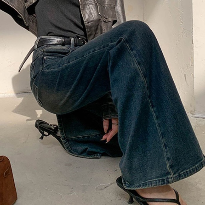 レディースジーンズパンツ ゆったりフレアデニム美脚パンツ