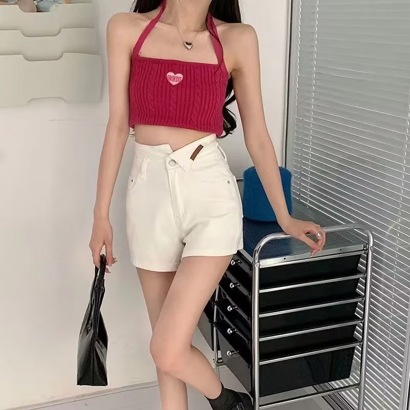 レディースジーンズパンツ フェミニンカラー ハイウエストデニムショートパンツ