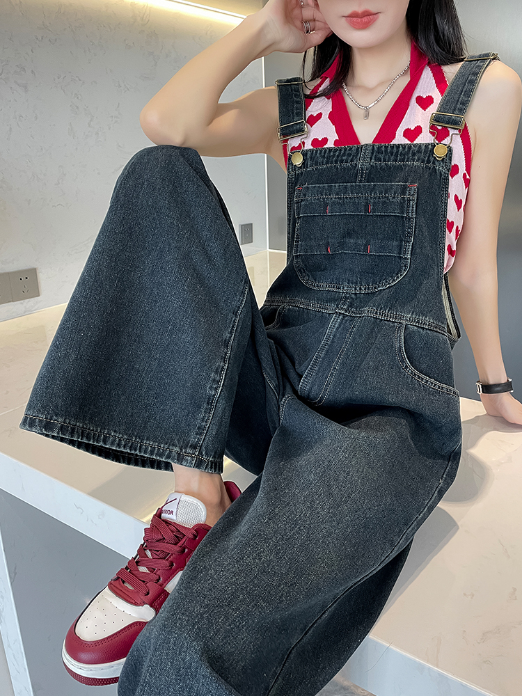レディースジーンズパンツ ゆったりシルエット デニムサロペット