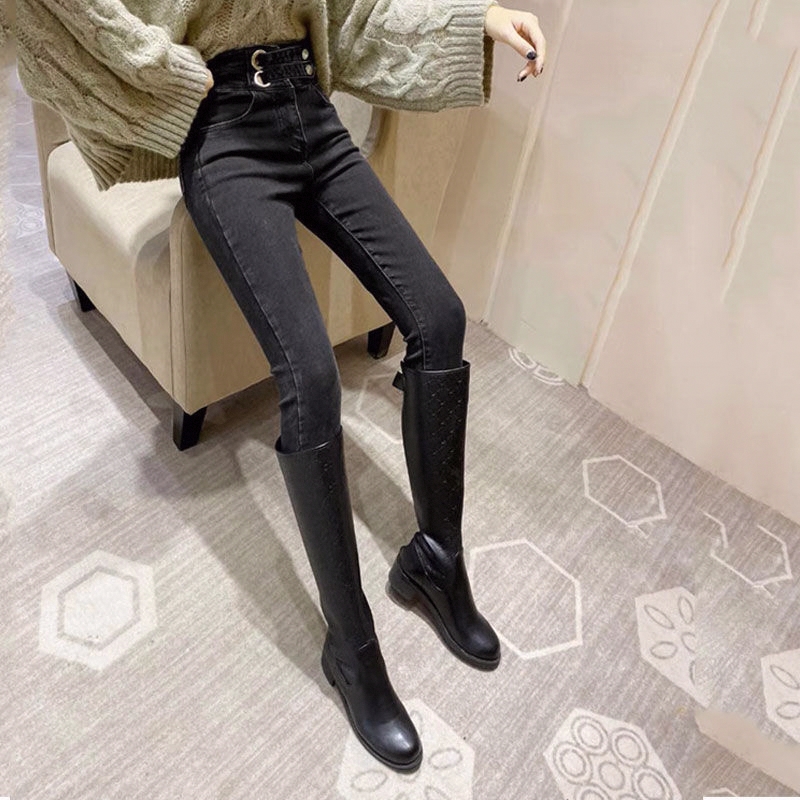 レディース ジーンズ ハイウエスト二重ベルト美脚スキニーデニム