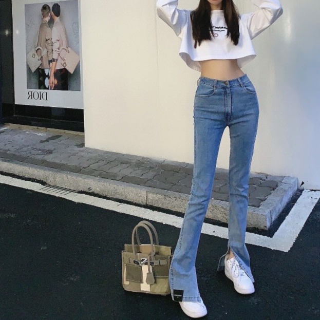 フレアスリット入りストレッチデニムパンツ